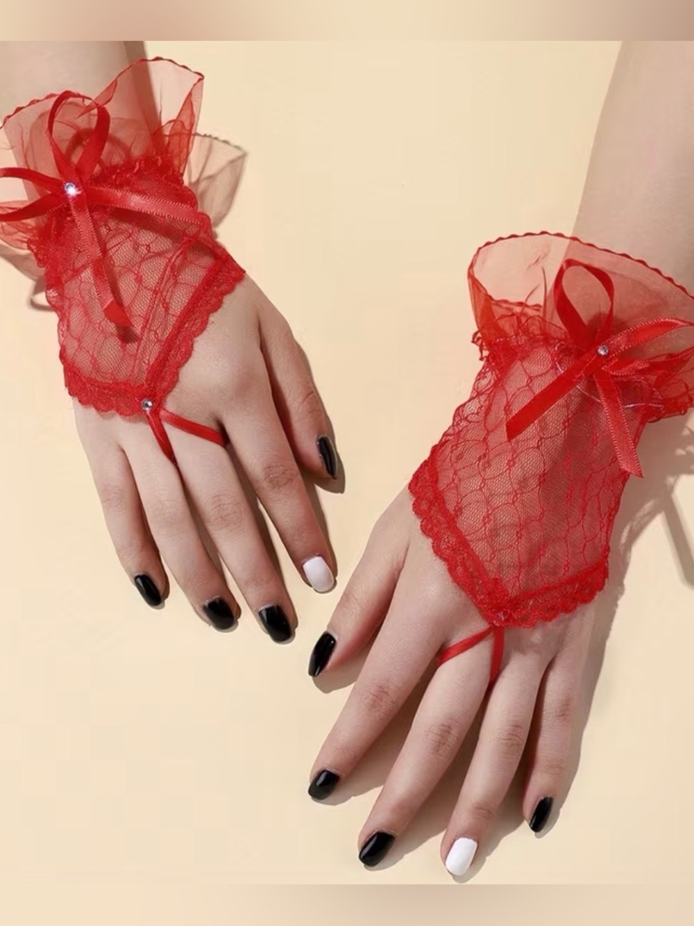 Red Lace Bow Wristlet Gloves for Women